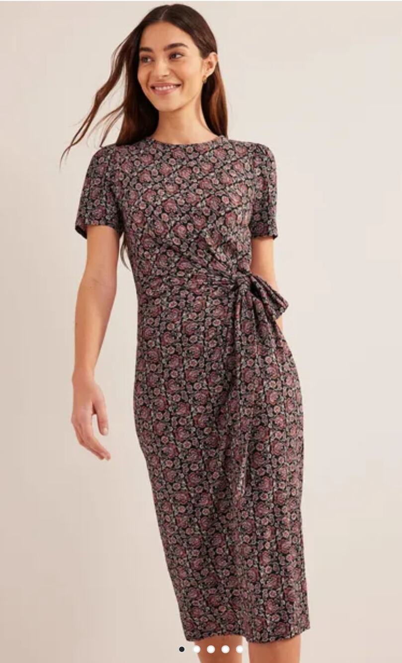 BODEN Knot Front Jersey Midi Dress Black Floral Print 6